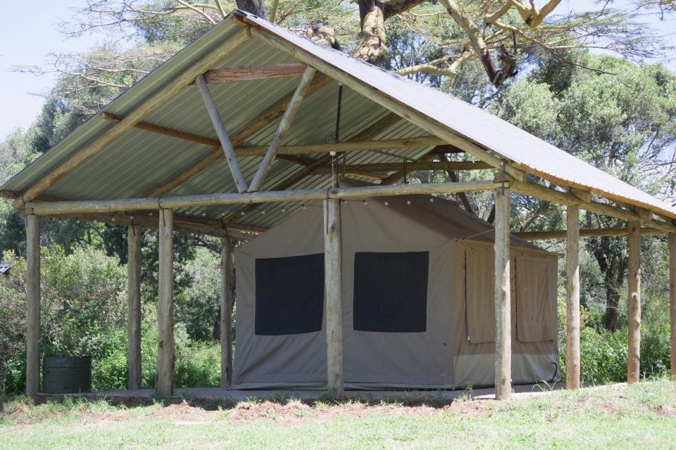 A safari tent at Ngriki Camp under a shade roof.